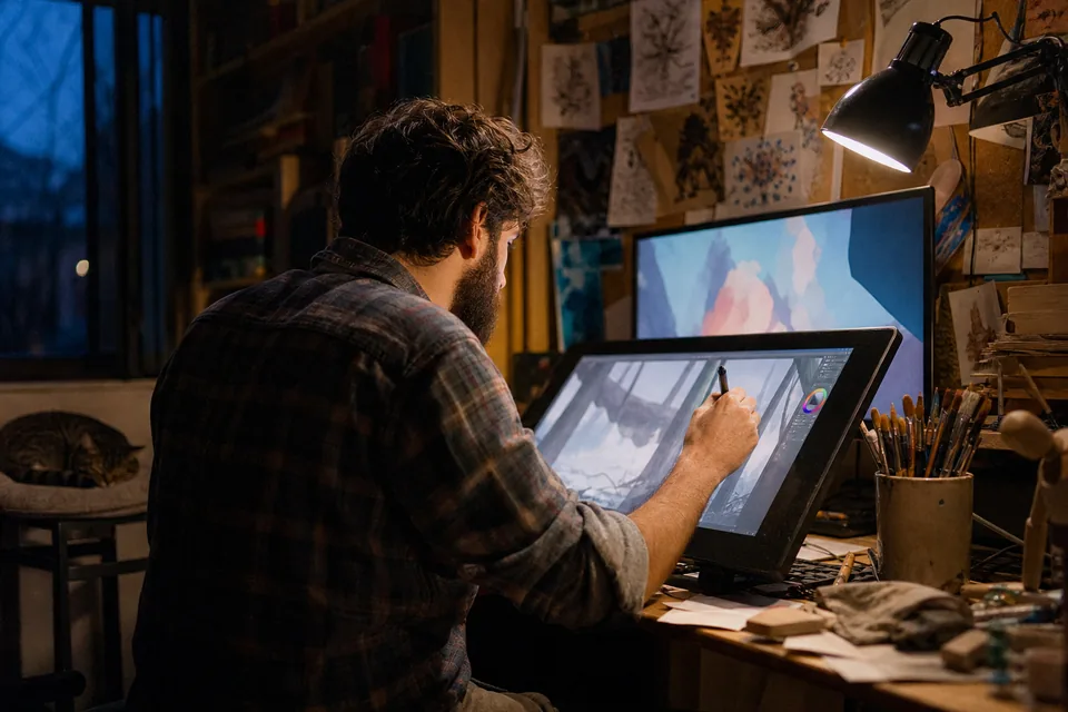 Illustrator working on a drawing tablet at a cluttered home studio desk late in the evening