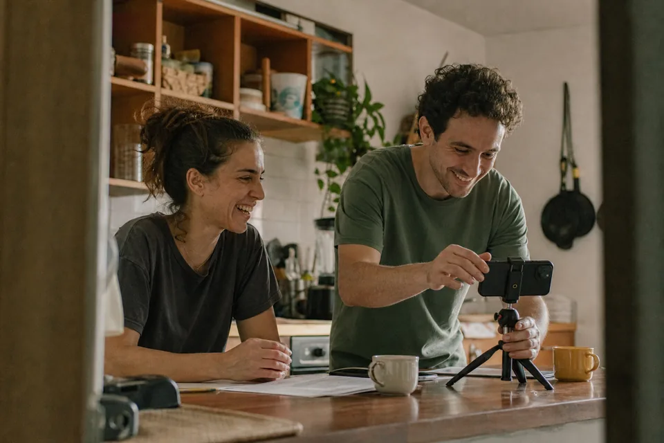 Adult couple in their thirties planning a shoot at their kitchen counter with a phone on a small tripod
