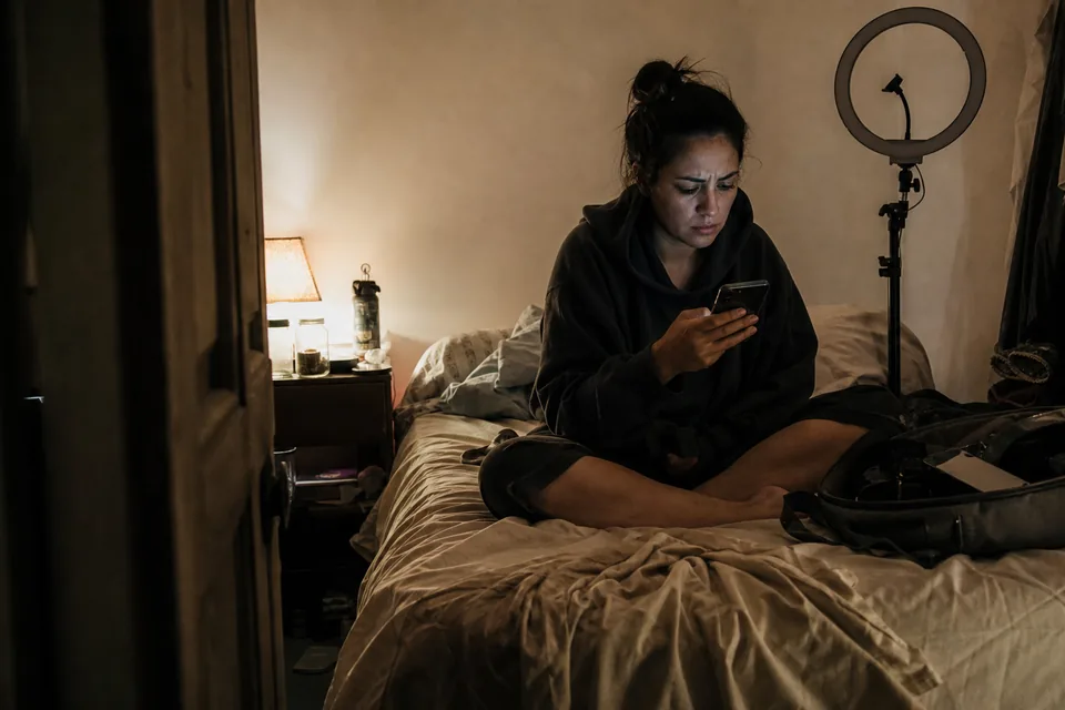 Creator sitting on her bed at night checking her phone next to a ring light and a camera bag